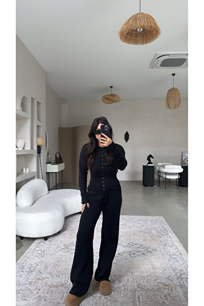 Buket Teke Black Knitwear Snap Button Pants Cardigan Set