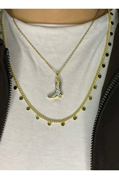 D&Z ACCESSORİES Set of 2 Vintage Gold Necklaces |   Zircon Stone Cowboy Boots...