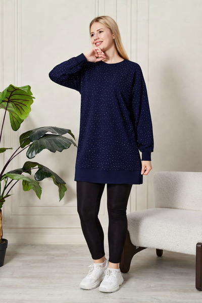 Birol Triko Women's Navy Blue Slit Tunic with Crystal Stone Accessories