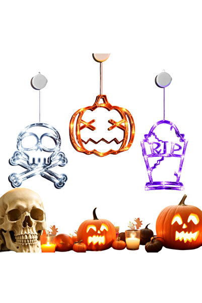 Other Set of 3 Halloween LED Lights - Pumpkin, Skull, Grave - with Suction Cu...