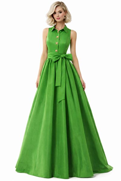 ALYEL NAKER Sleeveless & Belted Maxi Taffeta Stylish Shirt Dress