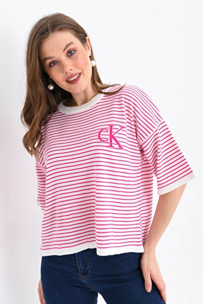 Park Karon Women's Crew Neck Striped Oversize Knitwear Sweater 10160