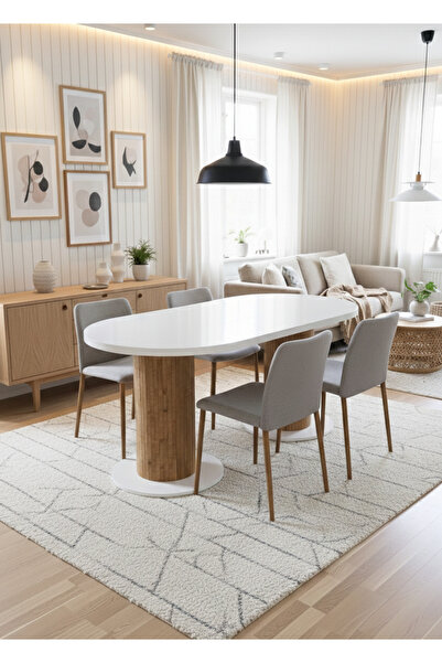 Arvessohome Oslo 180x90 cm (36MM KALIN KENARLI) Oval Beyaz Sütunlu Mutfak Mas...