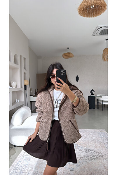 Buket Teke Brown Piping Zippered Fleece Jacket