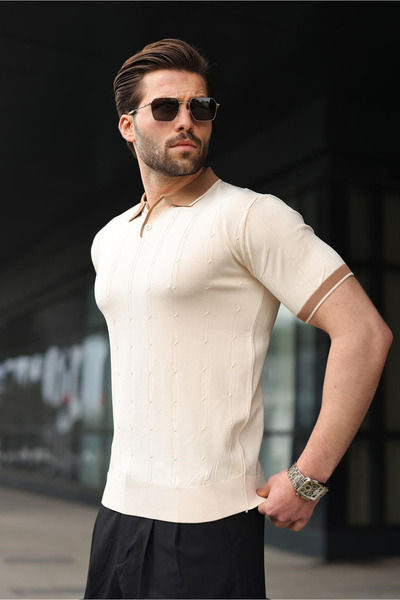 Madmext Taş Rengi Polo Yaka Triko Erkek Tişört E7470