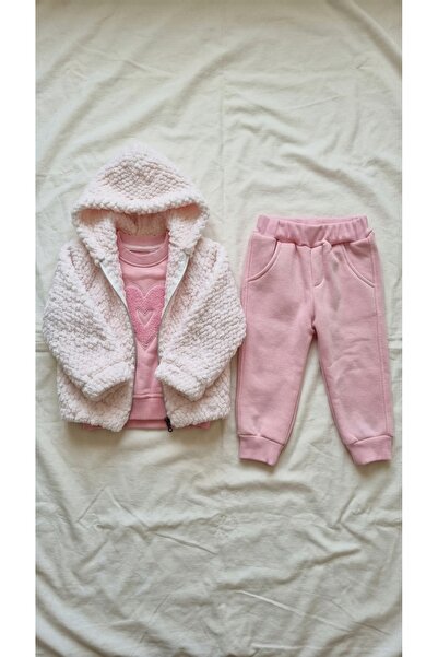 Sabi Baby Girl Pink Heart Embroidered Sweatshirt, Plush Jacket and Bottom Swe...
