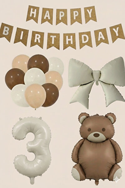 Çemrek Süs Parti Kraft Happy Birthday Lettering Foil Bear Balloon and Bow Bal...