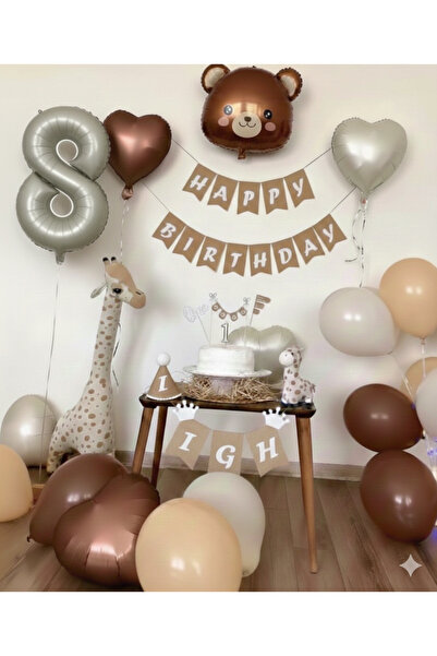 Çemrek Süs Parti Foil Bear Head Balloon Kraft Happy Birthday Banner Beige Cre...
