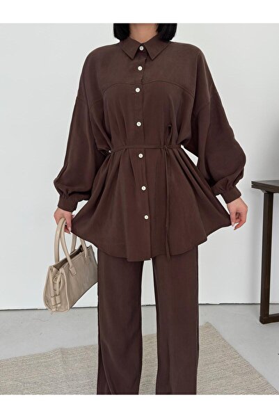 chize Button Soft Textured Shirt and Trousers Set with Tie Detail