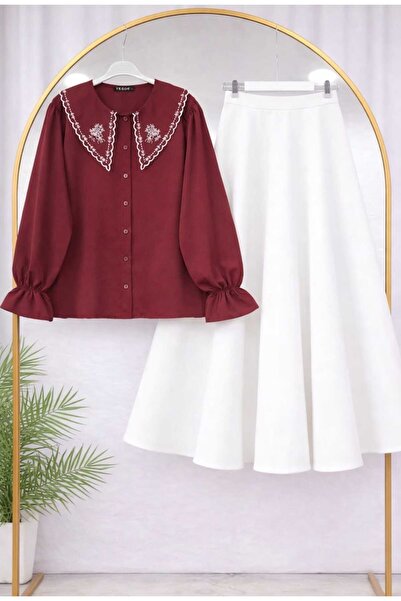 MODA VEDAT Cămașă brodată cu guler pentru femei - Set cu fustă Puff Scuba -520