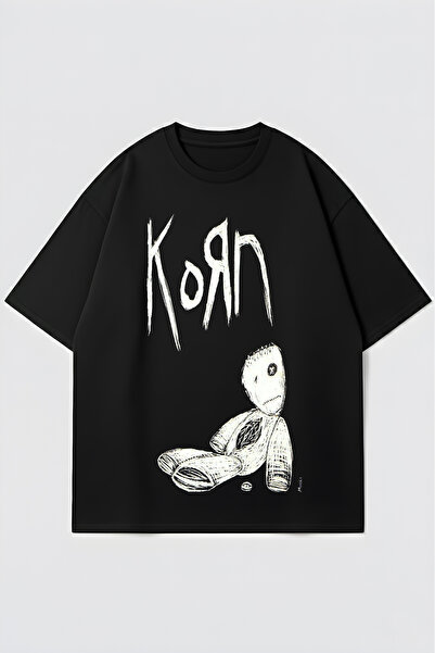 FUWEAR Unisex Black Crew Neck Korn Printed Oversize T-Shirt