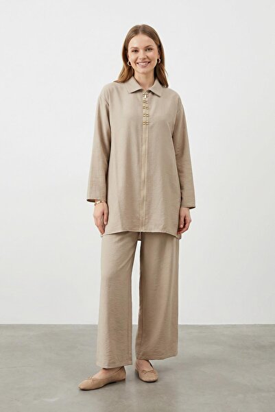 Puane Women's Shirt Collar Zippered Tunic Pants Set – 14446Tks - Beige