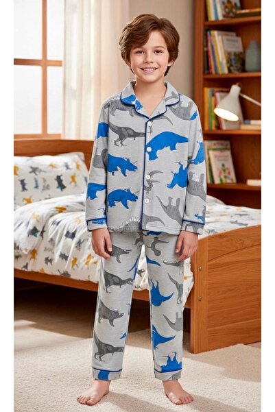 Enie Dečački dinosaur Sa deznom siva 95% Pamuk udobna pidžama + maska za oči