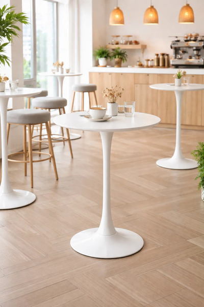 MARIA HOMES Modern White Round Bar Table 70cm Tulip Pedestal Bistro Cocktail ...