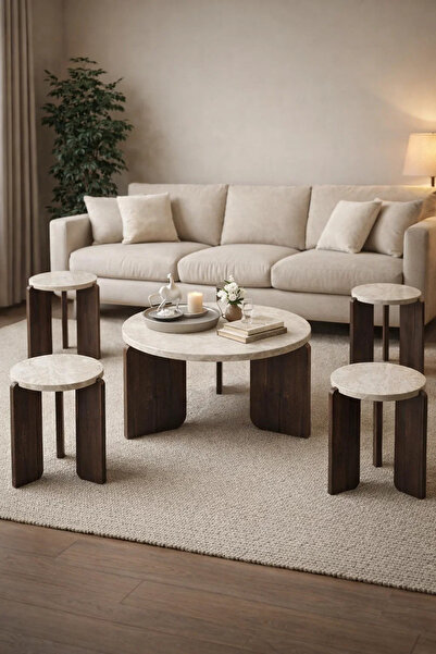 MARIA HOMES Luxury 5-Piece Round Center Table Set Cream Marble Top Dark Wood ...