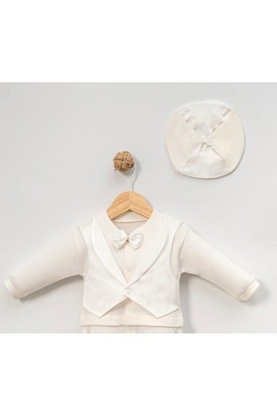 jijek baby kids Baby Boy Ecru Tuxedo Jumpsuit – Bow Tie Vest Set Hat Hospital Take-Home & Special Occasion Religious Ceremony Set