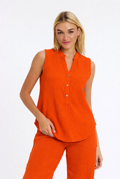 Heaven Ephesus Muslin Blouse - Muslin High Collar Half Placket Sleeveless Blo...