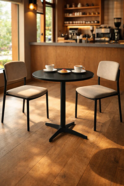 MARIA HOMES Modern Black Round Cafe Table 70cm Wood Top Metal Cross Base for ...