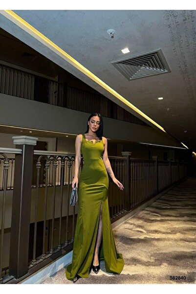 Modafeminen Pistachio Green North Collar V-Neck Slit Evening Dress 582840