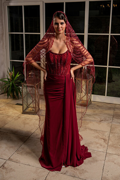 Simay Aksesuar Gelin Duvağı Bordo , Nikah, Gelin Duvak, Bordo Kına Duvağı 2,3 Mt