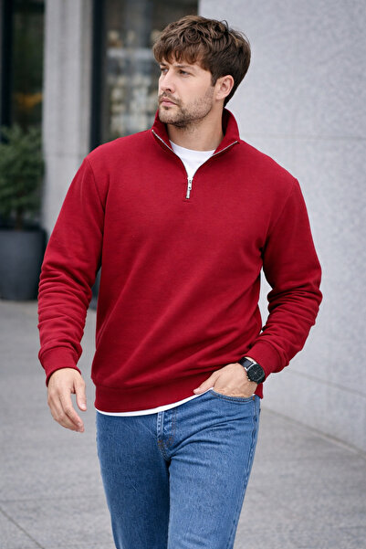 Polo State Unisex Half-Zip Stand Collar Regular Fit Basic Red Sweatshirt