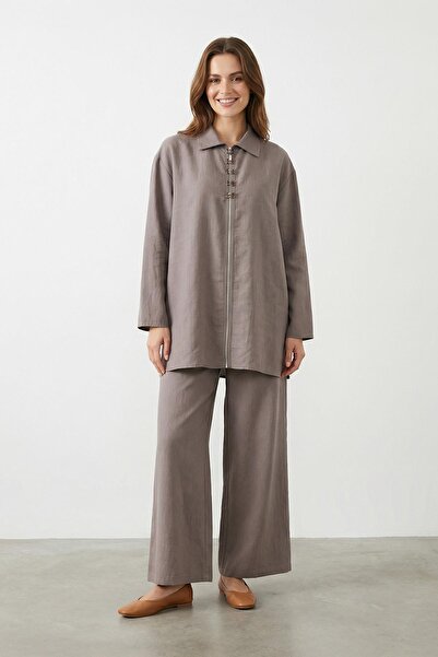 Puane Women's Shirt Collar Zippered Tunic Trouser Set – 14446Tks - Mink