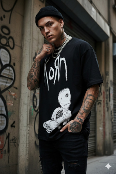 Cool mans Unisex Black Crew Neck Korn Printed Grunge Streetwear Oversize T-Shirt