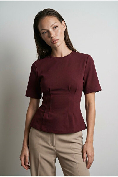 Madmext Бургунди дамска велосипедна блуза с деколте и колан в талията MG2670