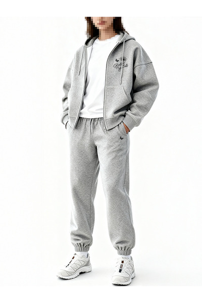 EFFRENATU Black and Gray Oversized Printed Hooded Zipper Suit