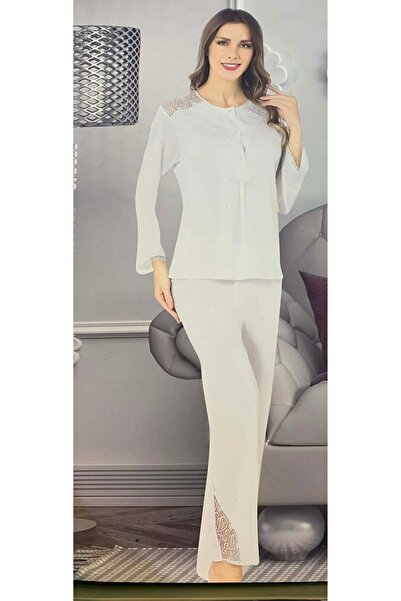 PİJAMİS Stretchy Fabric Lace Detailed Long Sleeve Women's Pajama Set