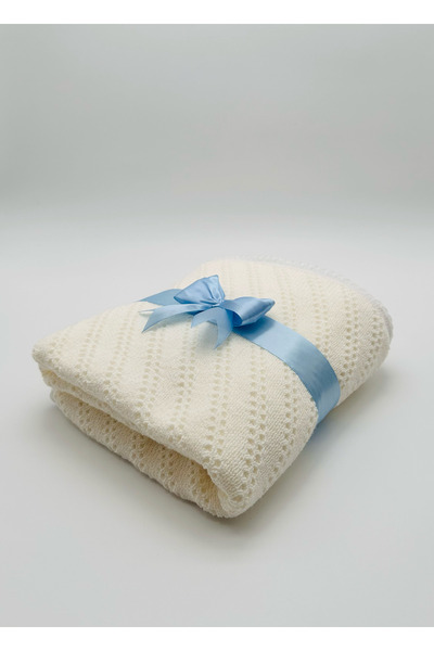 MOOKODI Knitted blanket lined with cocolino - cream with blue pamblica
