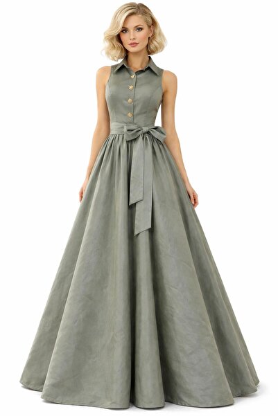 ALYEL NAKER Sleeveless & Belted Maxi Taffeta Stylish Shirt Dress