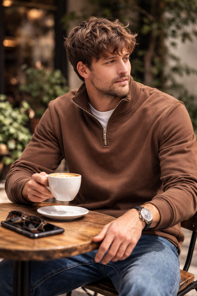 Polo State Unisex Half Zipper Stand Collar Regular Fit Basic Brown Sweatshirt