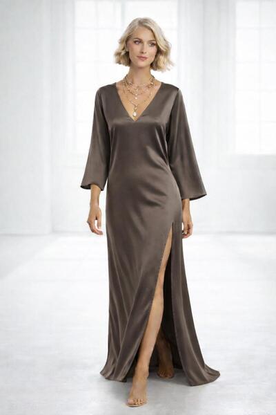 ALYEL NAKER V-Neck & One-Side Deep Slit Maxi Regular Satin Dress