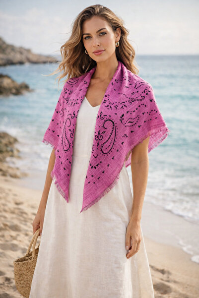 Luminos Butik Fuşya Kujten Desenli Pamuklu Şal SAL1401