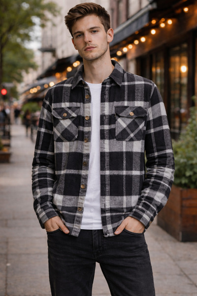 Le Marin Erkek Siyah Beyaz Oduncu Gömlek Cepli Kalın Kumaş