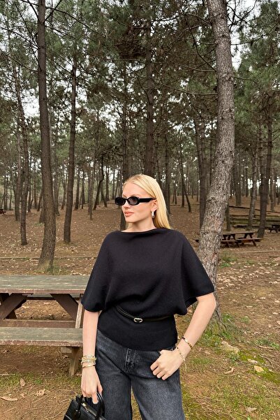 lizge giyim Boat Neck Bat Sleeve Belted Knitwear Sweater
