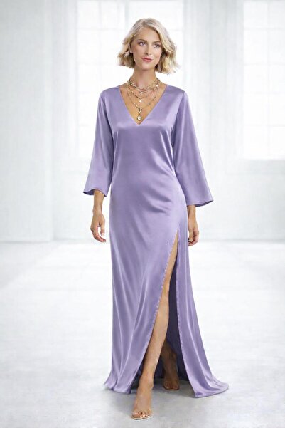 ALYEL NAKER V-Neck & One-Side Deep Slit Maxi Regular Satin Dress