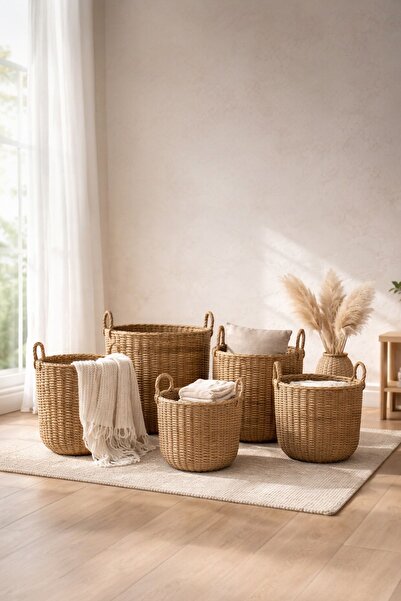 Akkoyunlu home 5-Piece Wicker Basket Natural Rattan Decorative Organizer Bath...