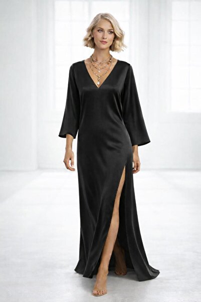 ALYEL NAKER V-Neck & One-Side Deep Slit Maxi Regular Satin Dress