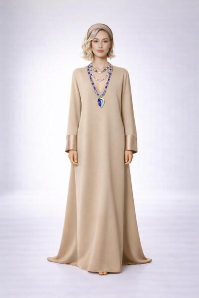 ALYEL NAKER A-Line Maxi Crepe Dress with V-Neck & Satin Cuff Detail