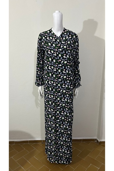 GİZGİYİM Black Color Small Floral Side Tie Prayer Dress Plus Size