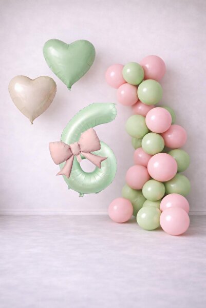 Patladı Gitti Sage Green & Pink 6Th Birthday Balloon Decoration Set