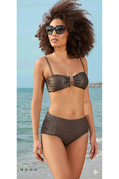 Estiva simli kumaş straplez model yüksek bel bikini takımı