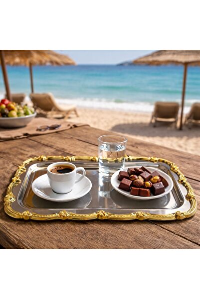 CieS 6' LI GOLD ÇERÇEVE GÜL DETAYLI GÜMÜŞ BÜYÜK BOY BATON TEPSİ