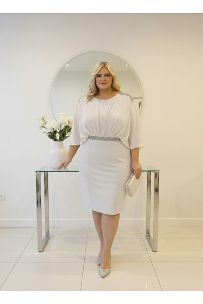 Donna Miranda Büyük Beden Midi Abiye Elbise Drapeli Şifon Üstlü Taşlı Bel Det...