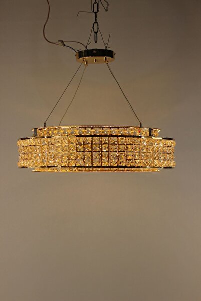 GN GEN AYDINLATMA Kristal Taşlı Gold Halka Led Avize 3 Renk Işıklı Modern Ayd...