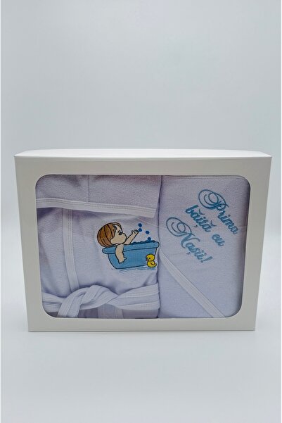 MOOKODI Set "Prima băiță cu Nașii"- halat si prosp, băiețel bleu