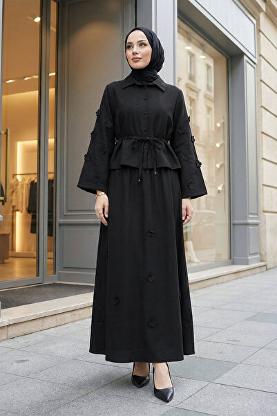 MODAQU Floral Detailed Skirted Two-Piece Modal Black Set