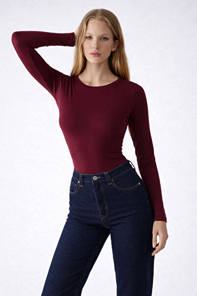 COMBİNE MİCHAİL Women's Long Sleeve Crew Neck Burgundy Stylish Blouse